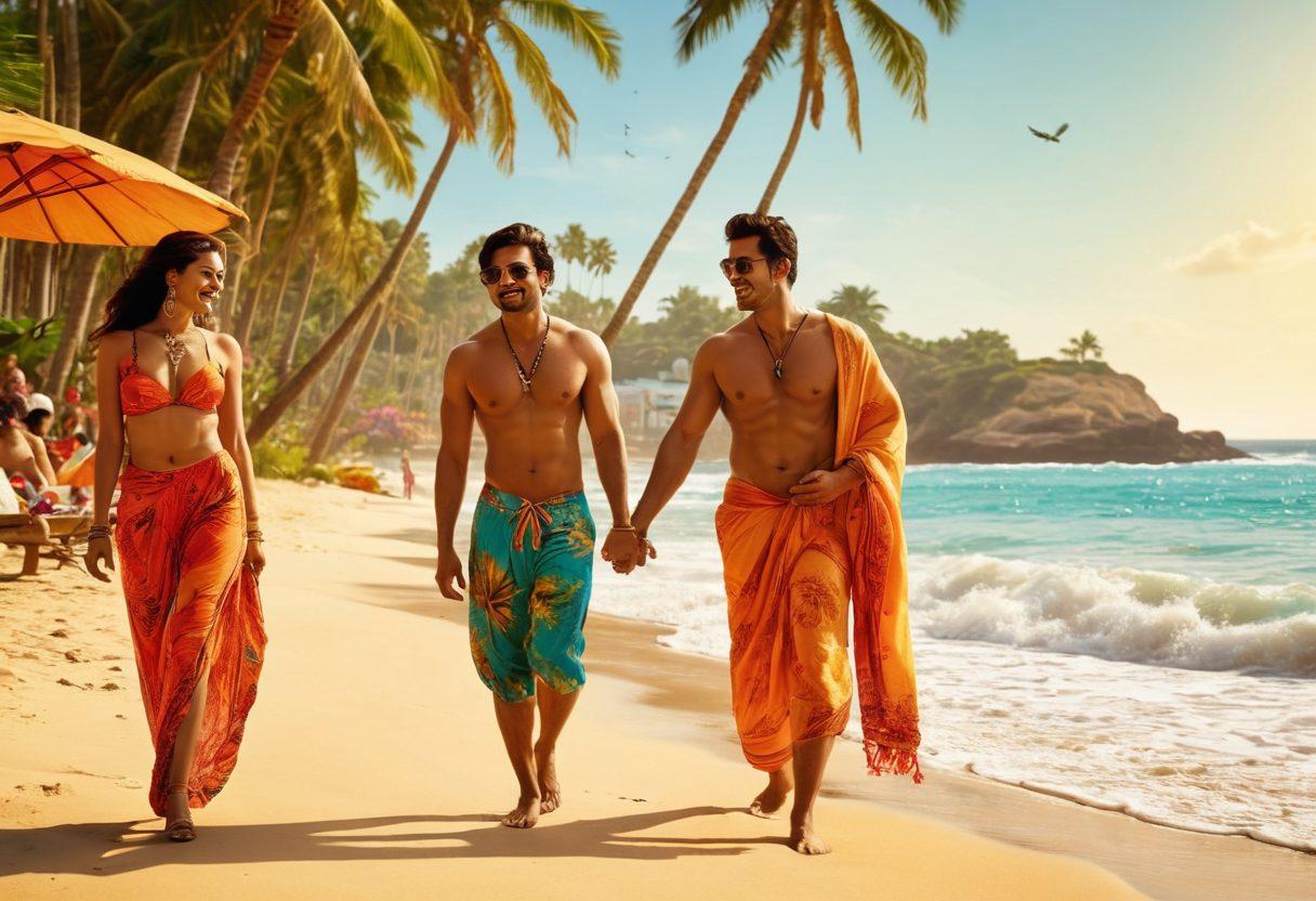 A glamorous Bollywood beach scene featuring stylish individuals in vibrant beachwear, showcasing diverse colors and patterns, with a backdrop of a sun-kissed coastline and palm trees. Actors capturing joyful moments with a hint of Bollywood flair, like dramatic poses and playful interactions. The scene should exude a sense of luxury and glamour. super-realistic. vibrant colors. tropical beach setting.